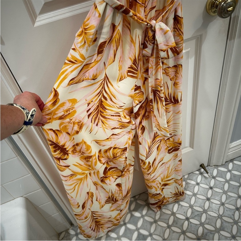 june & hudson Yellow Pink Palm Print Ruffle-Sleeve Wide-Leg Jumpsuit NWT Large - Picture 7 of 11